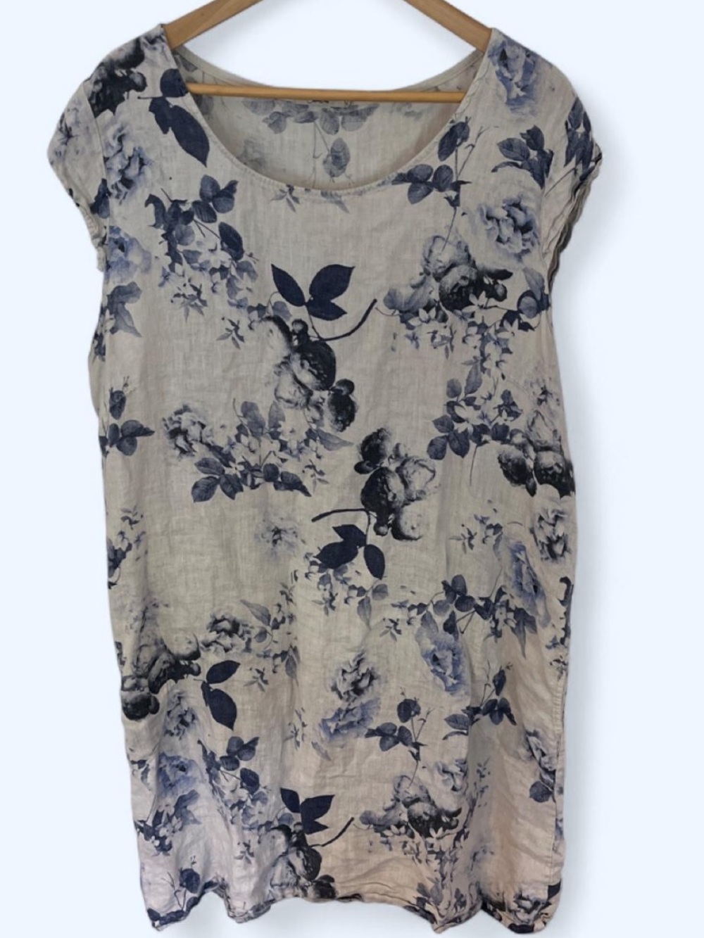 Floral Linen Cap-Sleeve Linen Dress - Blue White